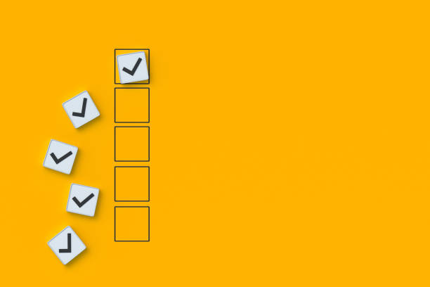Checklist of completed work. Correct decision. Business concept. Completing daily tasks. School exam. Fact check. Options for solving the problem. Preparedness plan. Checkmark on button. 3d render