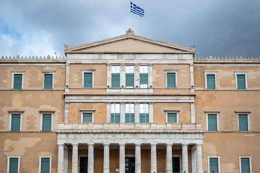Hellenic Parliament in the Old Royal Palace, overlooking Syntagma Square in Athens, Greece on 13 August 2023