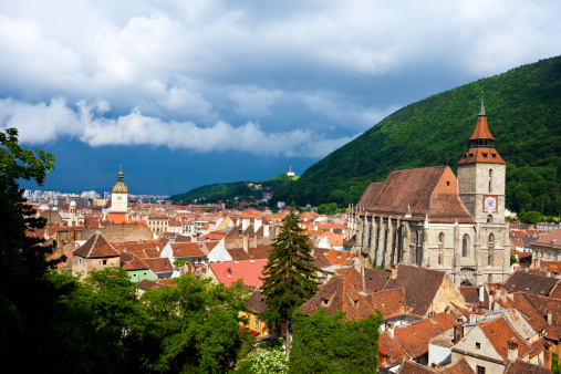 Black Church in Brasov, Romania viewed from a high angle - city walls and a defensive tower can be seen in the fireground