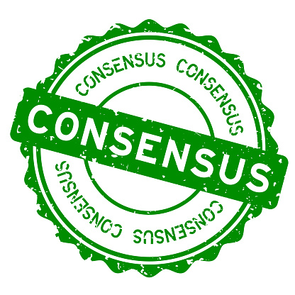 Grunge green consensus word round rubber seal stamp on white background