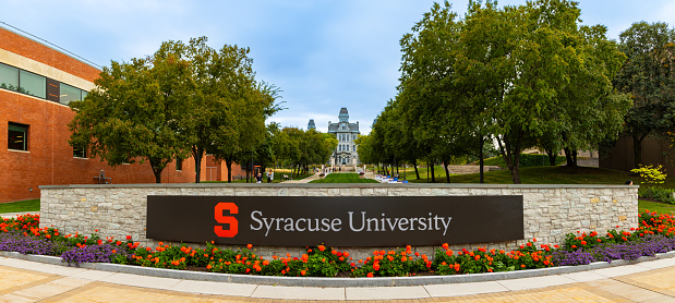 Syracuse, NY - September 2023: Panoramic image of Syracuse University campus with sign.