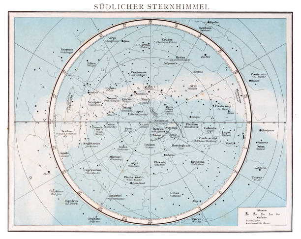 Lunar Map engraving 1896 The southern sky Map engraving 1896 navigation stars stock illustrations