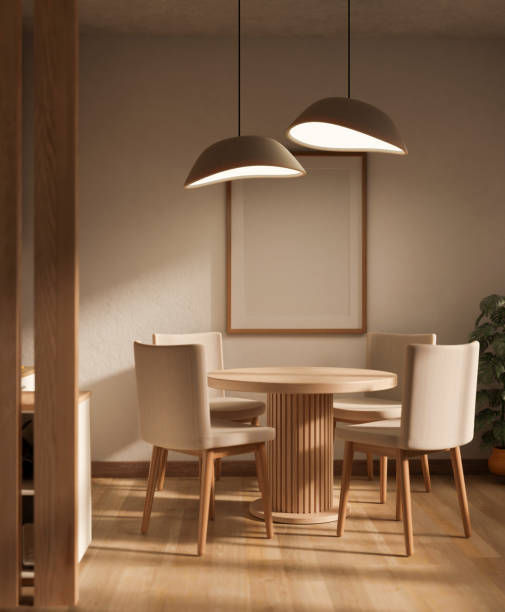 istock Interior design of a minimalist Scandinavian dining room with a minimal dining table, comfy chairs 1730722662