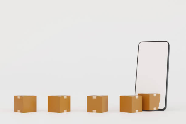 istock Cardboard box parcel transporting from mobile phone screen, online market and delivery, 3D rendering. 1730731495
