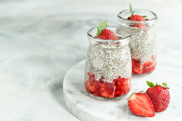 istock Healthy food. Chia seed pudding with toping strawberry 1730766333