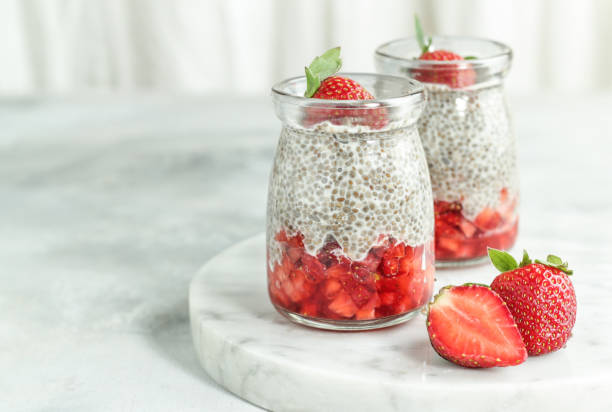 istock Healthy food. Chia seed pudding with toping strawberry 1730766336