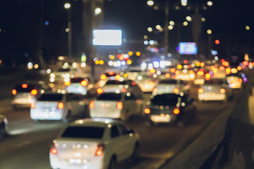 Tashkent, Uzbekistan - February 25, 2023: Traffic jam from cars, rush hour with blurry cars