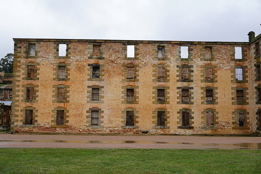 The ruins of the penitentiary, originally a flour mill and granary, at popular tourist destination and convict site Port Arthur Historic Site, Tasmania, Australia