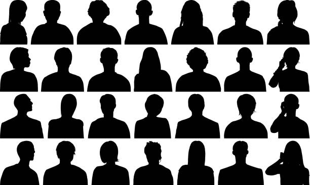 Highly Detailed Heads and Shoulders Silhouettes Highly detailed heads and shoulders silhouettes. silhouette-of-a-people-talking-on-phone stock illustrations