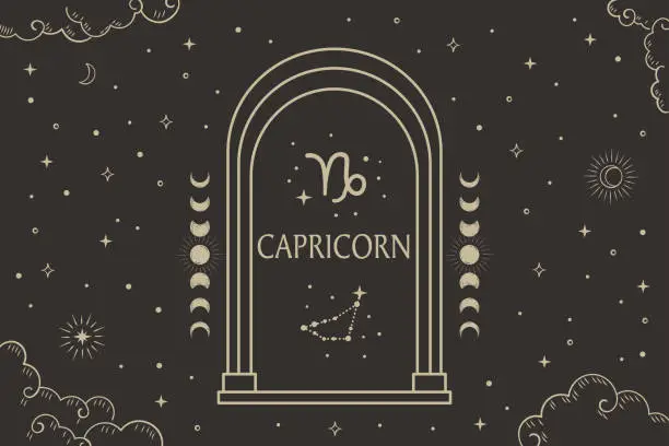 Vector illustration of Capricorn zodiac sign, Constellation illustration with dark night sky.