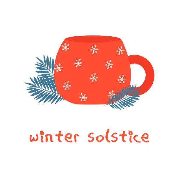 Vector illustration of Winter Solstice Day December 21-22. The longest night of the year. Red mug with snowflakes and spruce branches. Template for invitations, posters, greeting cards. Flat vector illustration