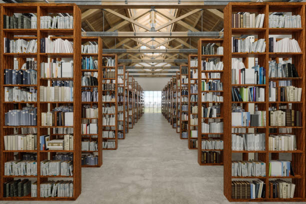 Library Interior With Books On Wooden Bookshelves Library Interior With Books On Wooden Bookshelves bookstore stock pictures, royalty-free photos & images