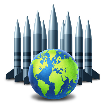 Global Nuclear world War Risk as a planet in danger of a bomb disaster or disarmement arms treaty with Ballistic Missiles.