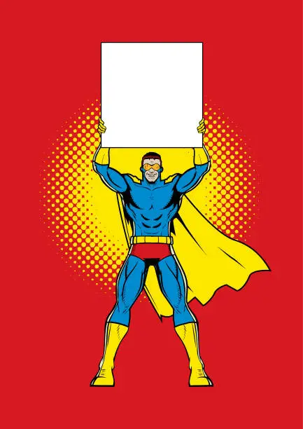 Vector illustration of Vector Pop Art Smiling Caped Superhero Holding a Blank Sign Stock Illustration