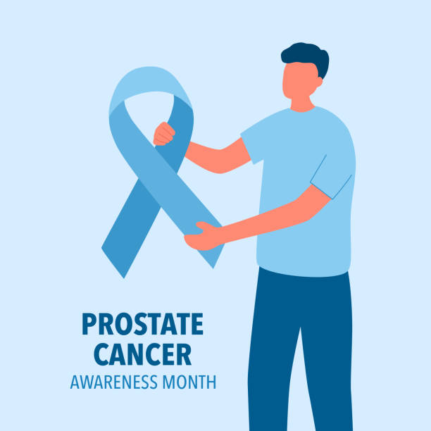 World prostate cancer awareness month. Man holding blue ribbon logo in flat design. vector art illustration