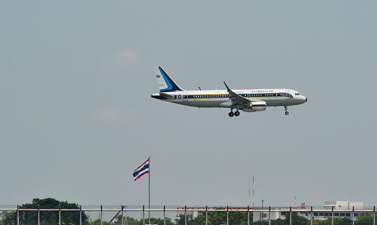 Bangkok, Thailand - Apr 24, 2018. An Airbus A320 aircraft of Royal Thai Air Force landing at Bangkok Don Muang International Airport (DMK).