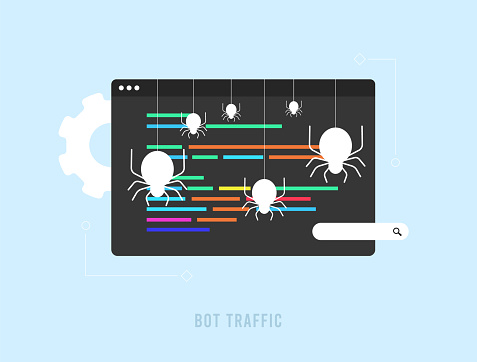 Bot traffic - SEO crawler bots, site-monitoring, aggregator, commercial robots and other non-human visitors to website. Search Engine Bot Vector isolated illustration on blue background with icons.