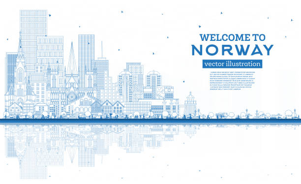 ilustrações de stock, clip art, desenhos animados e ícones de outline norway city skyline with blue buildings and reflections. concept with historic, modern architecture. norway cityscape with landmarks. oslo. stavanger. trondheim. bergen. - scandinavian church front view norway