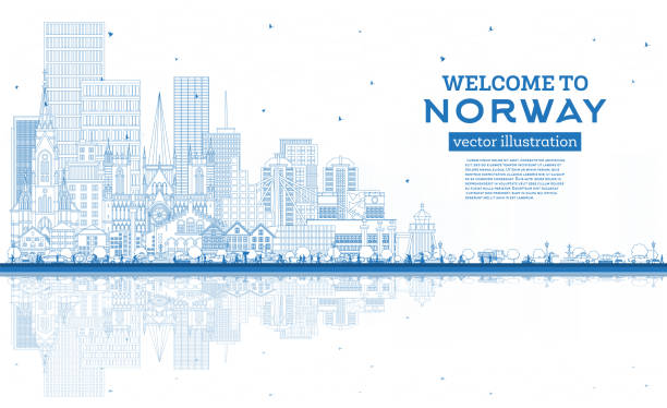 Outline Norway city skyline with blue buildings and reflections. Concept with historic, modern architecture. Norway cityscape with landmarks. Oslo. Stavanger. Trondheim. Bergen. Outline Norway city skyline with blue buildings and reflections. Vector illustration. Concept with historic, modern architecture. Norway cityscape with landmarks. Oslo. Stavanger. Trondheim. Bergen. stavanger cathedral stock illustrations