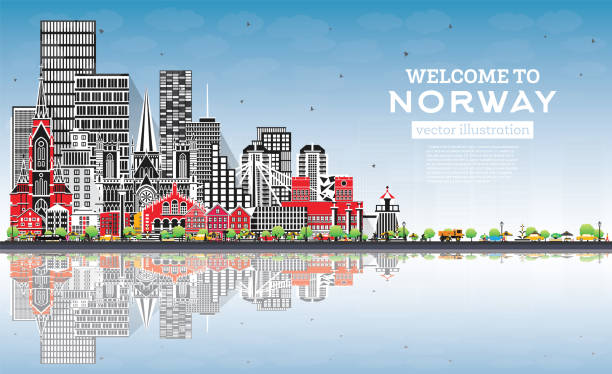 ilustrações de stock, clip art, desenhos animados e ícones de norway city skyline with gray buildings, blue sky and reflections. concept with historic, modern architecture. norway cityscape with landmarks. oslo. stavanger. trondheim. bergen. - scandinavian church front view norway