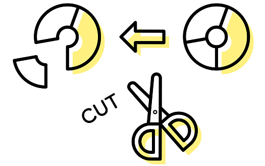 Cost-cutting, simple line-drawing icon with scissors to cut pie chart