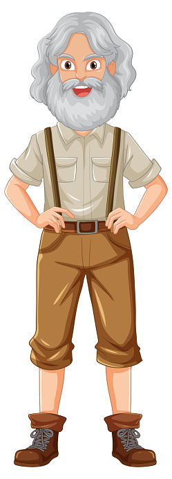 A vector cartoon illustration of an old hipster man wearing suspenders