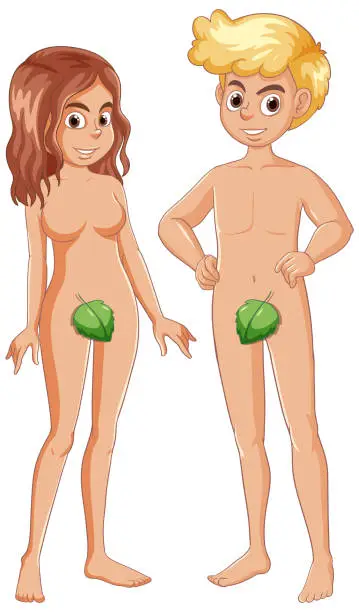 Vector illustration of Adam and Eve Cartoon Characters in Bible Story