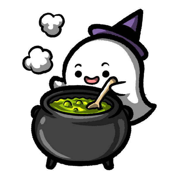 Cooking Ghost Funny Halloween illustration. A cute little ghost in a witch's hat is cooking a strangely colorful secret recipe soup. Isolated on white. ugly soup stock illustrations