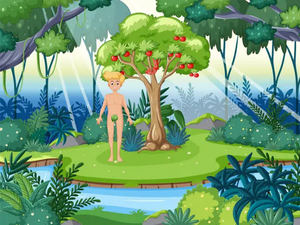 Vector illustration of Adam Standing Under Apple Tree in Garden of Eden