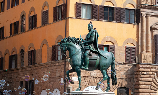 Florence, Italy - September 30, 2023: Equestrian statue of Cosimo de Medici, Piazza della Signoria, Florence, Tuscany at Italy