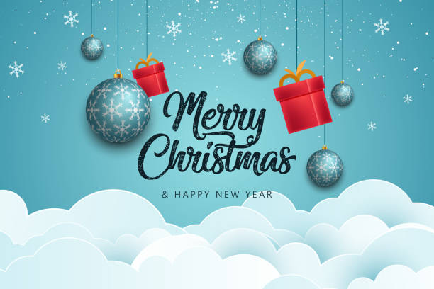 Merry Christmas and Happy New Year. Hanging blue Xmas decorative balls Festive realistic decor. Merry christmas banner template design with decorative christmas light bulb. stock illustration wallpaper decor stock illustrations