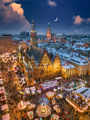 View of the old town square of Wrocław, Poland, with the traditional Christmas Market