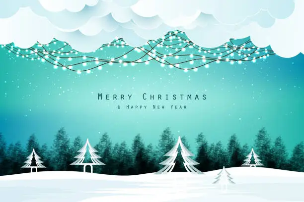 Vector illustration of Merry Christmas winter landscape scene with trees and falling snow background