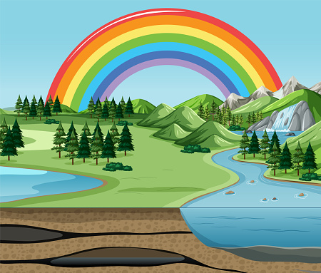 Vibrant cartoon illustration of a rural landscape with natural elements and a hidden rainbow