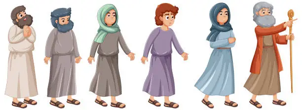 Vector illustration of Ancient Muslim People Cartoon Characters Walking from Religious Moses Bible Story