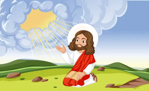 Vector illustration of Jesus Christ Sitting on the Open Sky Grass