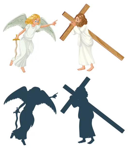 Vector illustration of Jesus Carrying Cross with Angel and Sword