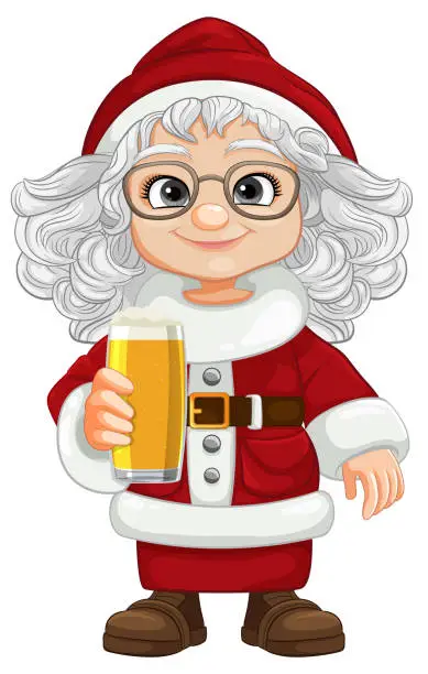 Vector illustration of Cheerful Santa Claus Woman with Beer