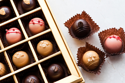 box of chocolates, close up of chocolates