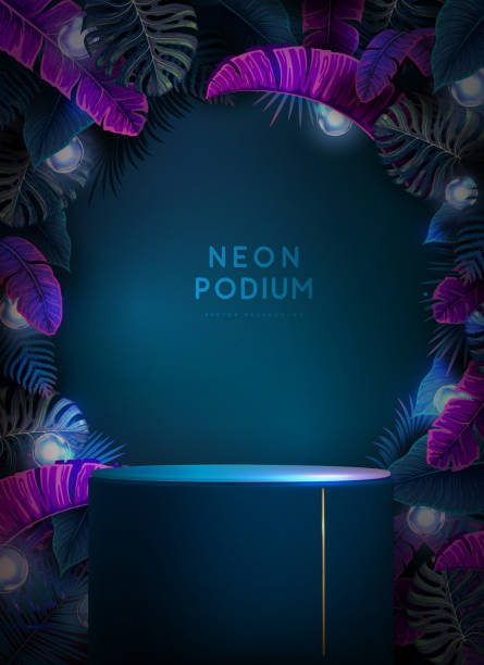 istock Fluorescent neon showcase background with 3d podium and tropic leaves.  Summer nature concept. Vector illustration 1731010563