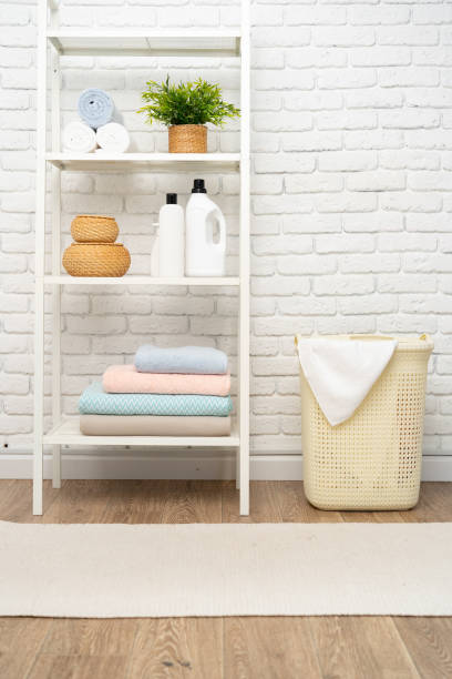 istock Laundry basket in a laundry room at household 1731013947
