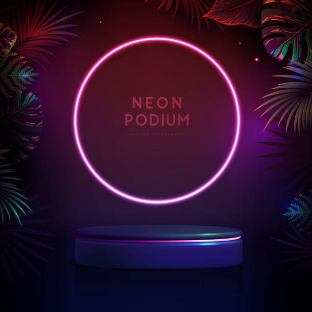 istock Fluorescent neon showcase background with 3d podium and tropic leaves.  Summer nature concept. Vector illustration 1731014836