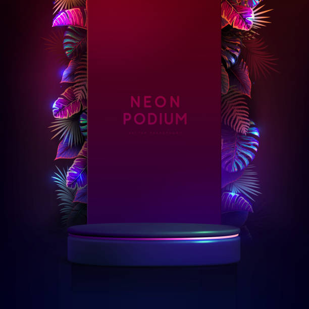 istock Fluorescent neon showcase background with 3d podium and tropic leaves.  Summer nature concept. Vector illustration 1731016451
