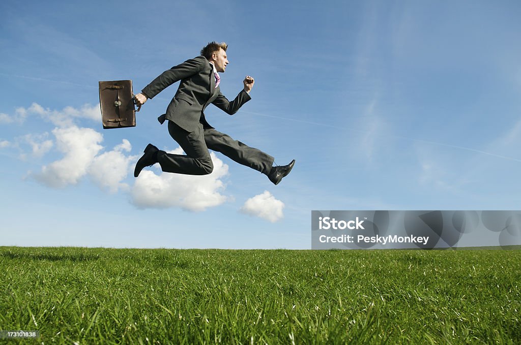 Uomo d'affari salto volante porta nel prato - Foto stock royalty-free di Adulto