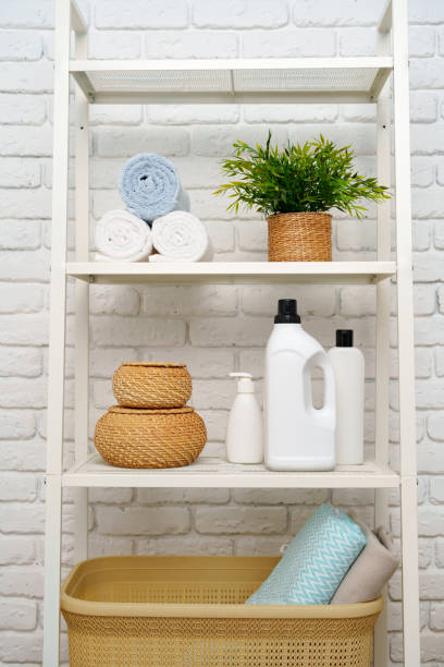 istock Rolled fluffy towels on shelf in bathroom 1731024999