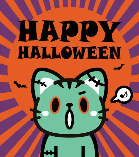 Vector illustration of Cute Halloween character design of a zombie tabby cat