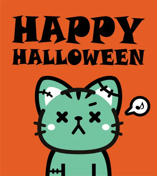 Vector illustration of Cute Halloween character design of a zombie tabby cat