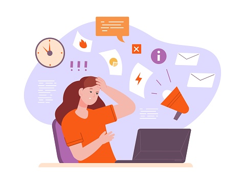 Info stress. Overwhelmed information or internet data excess, task overload head of busy working businessman tired woman from social media chaos and news vector illustration of overload information