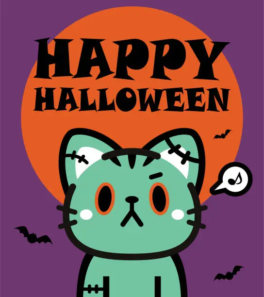 Vector illustration of Cute Halloween character design of a zombie tabby cat