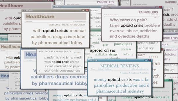 opioid crisis painkiller epidemic headline titles media 3d illustration - newspaper the media digital tablet digitally generated image imagens e fotografias de stock